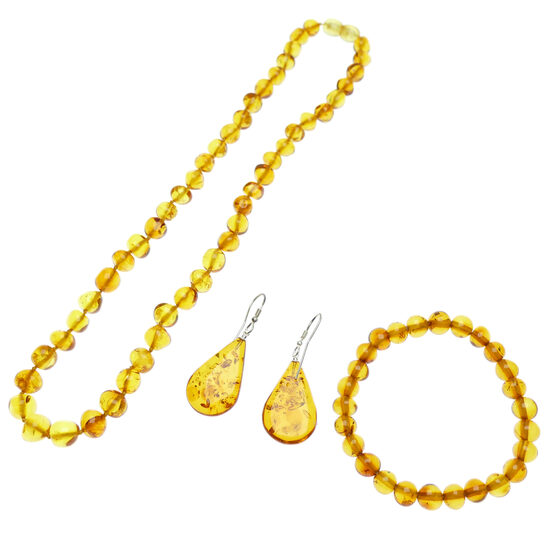 Dzintara dāvanu komplekts - Rokassprādze + Auskari + Krelles