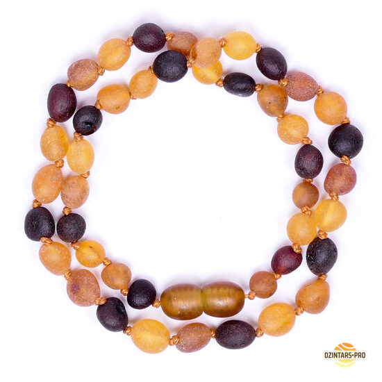 32-34cm • Детские бусы из вишнёвого,тёмно-медового и лимонного неполированного янтаря формы фасоли