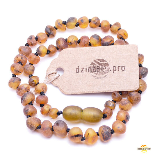 33cm • Baroka formas medus-zaļās krāsas nepulētā dzintara krelles bērniem