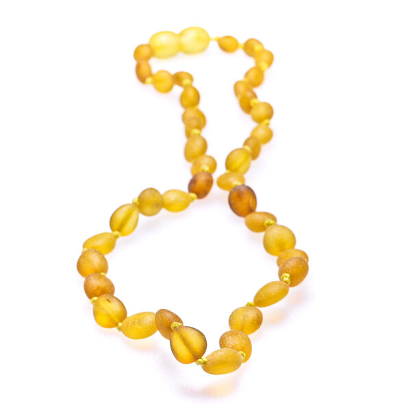 33cm • Детские бусы из лимонно-медового неполированного янтаря формы фасоли