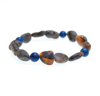 Женский браслет из серого неполированного янтаря свободной формы фасоли и синего Агата