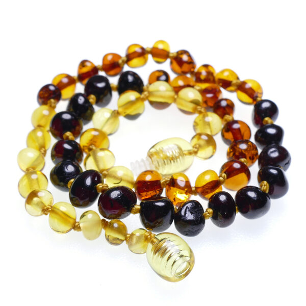 Baroka formas citrona, konjaka un ķiršu krāsas dzintara krelles bērniem