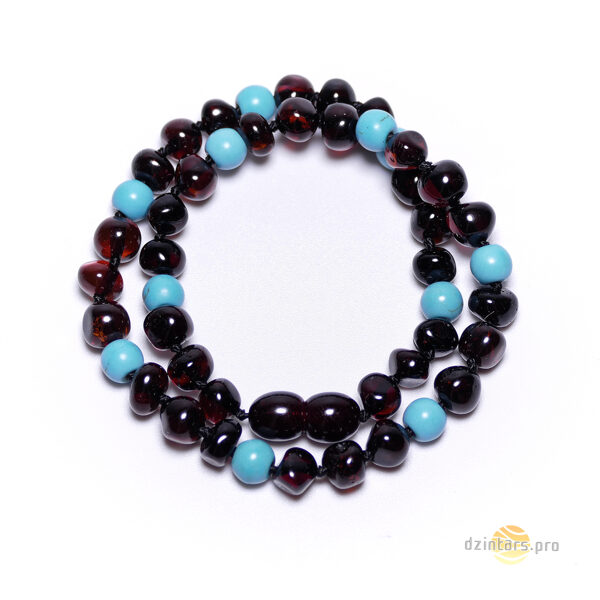 33cm • Baroque cherry colored polished amber and turquoise beads - Beads/necklace for children (33cm)