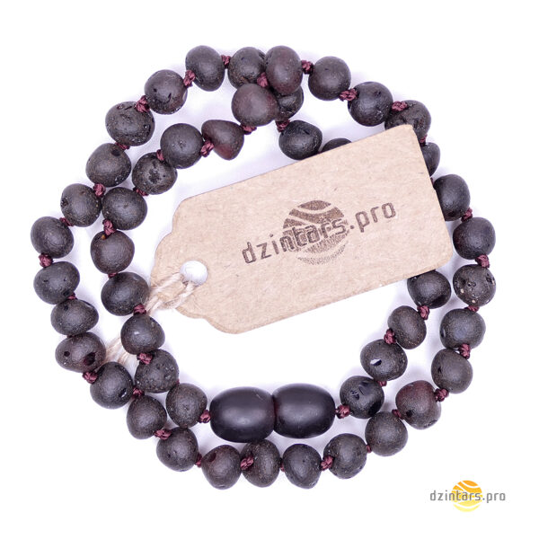 34cm • Детские бусы из вишнёвого цвета неполированного янтаря формы барокко