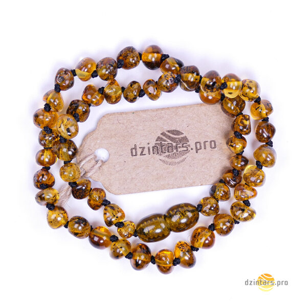 31-33cm • Medus-zaļas bērnu dzintara krellītes - Baltijas dzintars