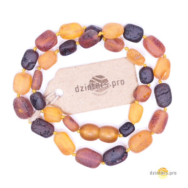 33-34cm • Разноцветные янтарные оливки - Детские бусы из неполированного янтаря