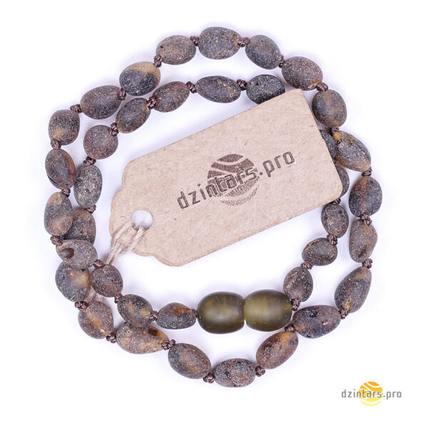 32-35cm • Детские бусы из серо-зелёного неполированного янтаря формы фасоли