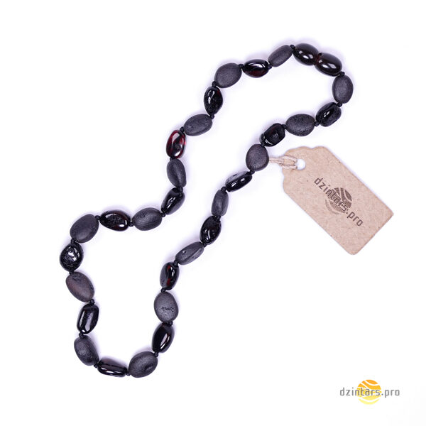 33cm • Детские бусы из неполированного и полированного янтаря вишнёвого цвета и формы оливок